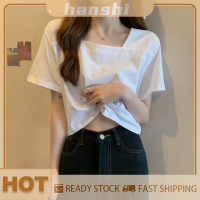 hanshi [2023 new HOT FASHION] lazlook เสื้อยืดผู้หญิงทรงหลวมลำลองแขนสั้นคอสี่เหลี่ยมสีพื้นฤดูร้อนเสื้อครอปฮอตสวีท