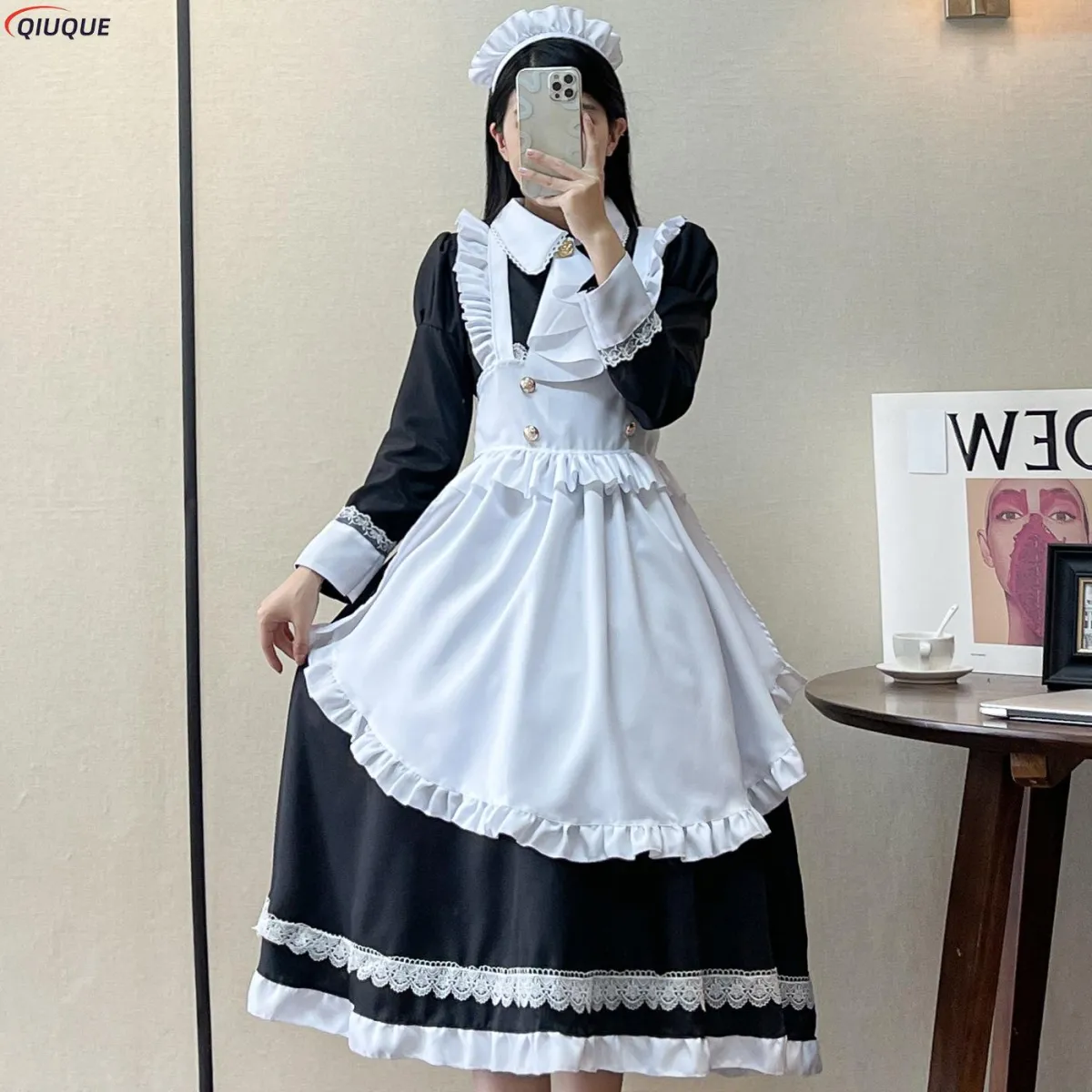 Women Maid Outfit Lolita Dress Cute Kawaii Cafe Costume Black White Men  Uniform Long Apron Dress Mucama Cosplay Costume 