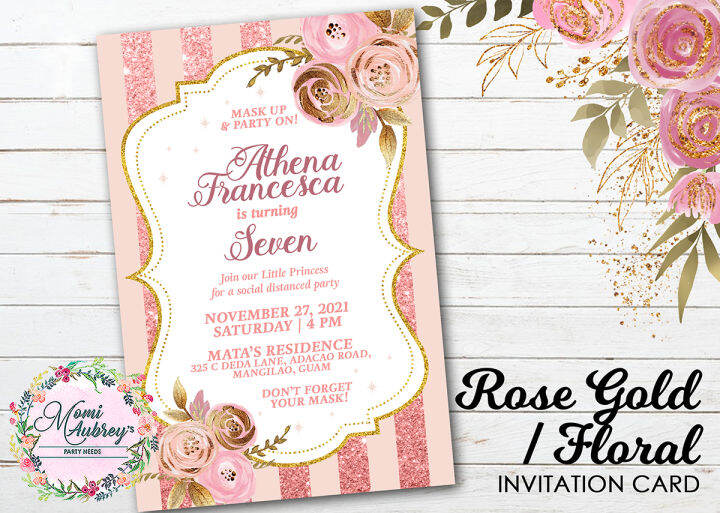 10 pcs Rose Gold / Floral Theme Invitation Cards Only (Matte Paper ...