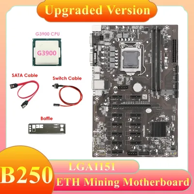 B250B ETH Mining Motherboard+G3900 CPU+SATA Cable+Switch Cable+Baffle LGA1151 DDR4 12XGPU Slot MSATA for BTC