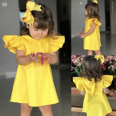 2021 New Summer Infant Children Baby Girls Casual Dresses Clothes Fly Sleeve Solid Bow Dress Clothes Dresses Princess Dress