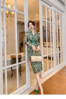 Traf Zevity Elegant Sheath Midi Dresses For Women Clothes Vintage V-neck Floral Mesh High Wasit Long Sleeve Bodycon Dress Female