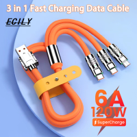 ECILY 120W 6A 3 In 1ชาร์จเร็ว Type C เคเบิลไมโคร USB สำหรับ iPhone สายชาร์จสำหรับซัมซุงฮัวเหว่ยเสี่ยวหมี่ที่ชาร์จแบตเตอรี่โทรศัพท์สาย USB