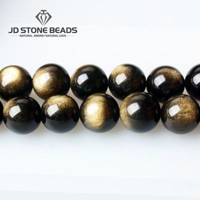 Natural Stone Gold Black Obsidian Beads Shinny Charm Round Loose Gemstone Beads For Jewelry Making Bracelet Necklace Accessories