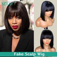 Sexay Fake Scalp Bob Wig With Bangs 8-16 Brazilian Bone Straight Human Hair Wigs 180 Density Machine Made Short Bob Fringe Wigs [ Hot sell ] ea1voy