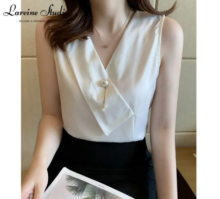 LAREINE Chiffon Blouse for Women Sleeveless VNeck Tanks Top Office