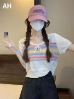 เสื้อแขนสั้นผู้หญิงแขนสั้นมีโบว์สีรุ้งเสื้อถักลายฤดูร้อน