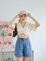 Sis story กางเกงยีนส์ ขาสั้น ผ้าลายทาง เอวสูง จีบหน้า  Sis 037 Malibu High waist Striped Jeans - Dark Blue