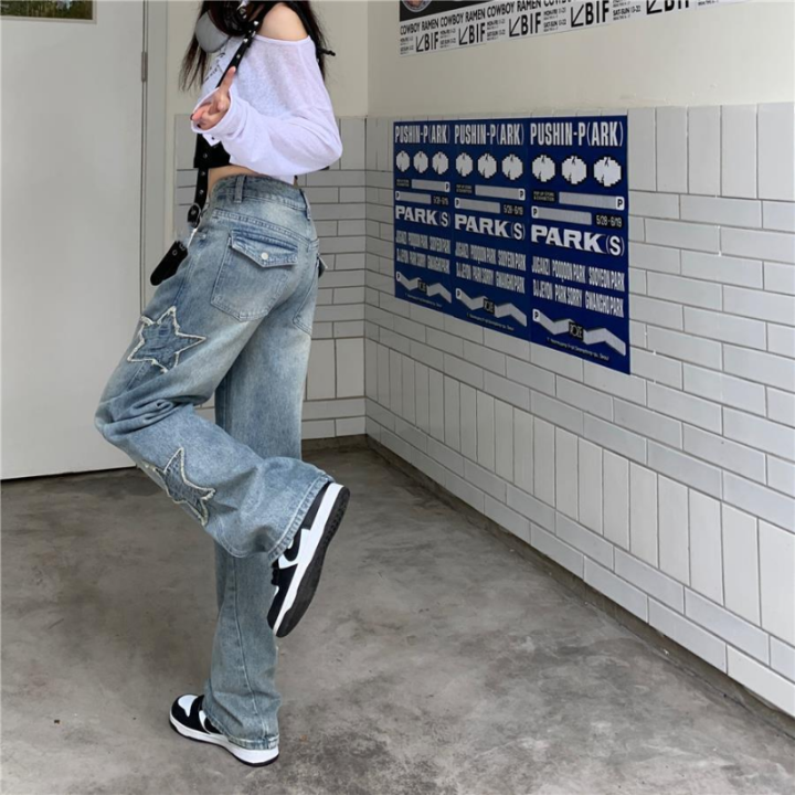 ห้าแฉกดาวเย็บปักถักร้อยกางเกงยีนส์ผู้หญิง-streetwear-y2k-แฟชั่นเกาหลีเอวสูงสบายๆกางเกงยีนส์ตรงกางเกงยีนส์แฟน