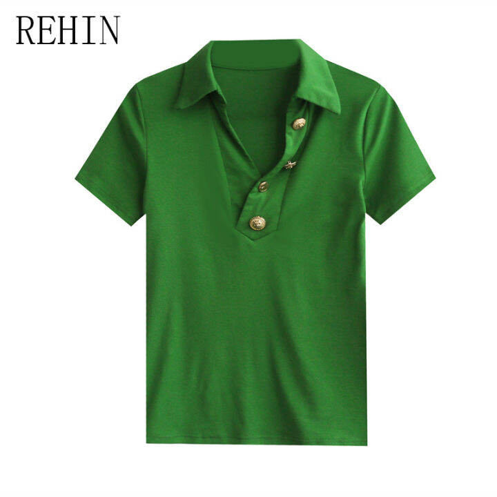 rehin-เสื้อผู้หญิงแขนสั้นผ้าฝ้ายเสื้อยืดคอวีใหม่ฤดูใบไม้ผลิพอดีบางลาย-s-3xl-กระดุมเสื้อเชิ้ตตัวเล็ก