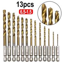 ความเร็วสูง HSS เหล็ก 13 ชิ้น/เซ็ตสว่านเคลือบไทเทเนียมชุดบิต 1/4 HEX Shank 1.5-6.5mm ไขควง Twist หัวเจาะ