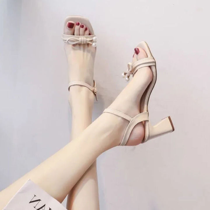 huilm-รองเท้าส้นสูงผู้หญิงส้นสูง6ซม-ฉบับภาษาเกาหลีรองเท้าแตะส้นสูงปานกลางส้นสูงสไตล์โรมันรองเท้าผู้หญิง