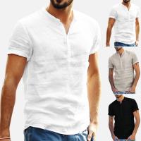 2023 New Mens Short Sleeve Tshirt Standing Collar Cotton Linen Shirt Mens Designer Clothes Popular Tops for Men