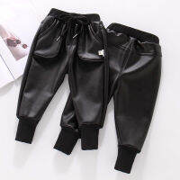 Fashion Baby Girl Boy PU Leather Pant Loose Velvet Infant Toddler Child Warm Cargo Trousers Winter Spring Kid Clothes 1-8Y