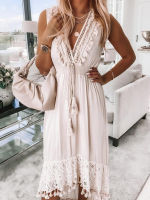 2022 Solid Color V Neck Irregular Long Boho Dress Women Summer y Beach Lace Hem Sleeveless Party Dresses Vestido De Mujer