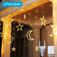 xflamper 3.5M 138 LED Star Moon Curtain String Lights with 8 Modes IP44 Ramadan Wedding Party Home Decorations