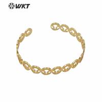 WT-B557 Wholesale women elegant gold hollow round cuff bangle in excellent quality lady simple brass bangle in adjustable size