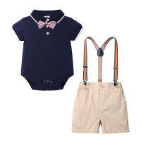 2PCS Baby Boy Rompers Sets Boys Polo Shirts with bow tie Overalls Pants Outfits Sets Gentleman Jumpsuit For 0-2Year