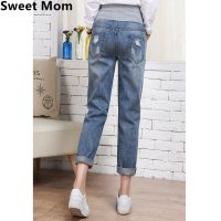 Hole Jeans for Women Nursing Pants Maternity Clothes Elastic Waist Denim Belly Pregnancy Trousers Loose Legging