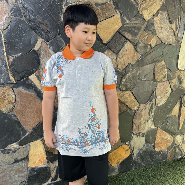 เสื้อโปโลเด็กโต-สำหรับเด็ก-น้ำหนัก-38-60-กิโล-สีเทาปกส้ม-และสีฟ้าอ่อน-ปกม่วง-สกรีนลายดอกไม้-นุ่ม-สวมใส่สบาย-ทรงสลิม