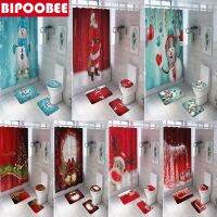 【Bathroom sale】 MerryBathroom Set Snowman Santa ClausPatternShower Curtain Toilet Cover Mat พรมกันลื่น Home Decor