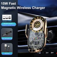 LED Light Magnetic Wireless Charger 15W Fast Charge Car Phone Holder for iphone 14Pro 14 13 12 Universal with 3 Magnetic Head Car Chargers