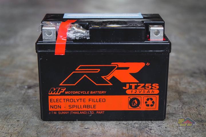 rr-battery-jtz5s-แบตเตอรี่-12v-5ah-สำหรับรถจักรยานยนต์ไม่เกิน-150cc-มีรับประกัน-6-เดือน-ลูกละ-360