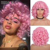 【LZ】☊┅✔  Short Hair Afro Kinky Curly Wig With Bangs For Black Women Fluffy Synthetic African Ombre Glueless Cosplay Natural Brown Wigs