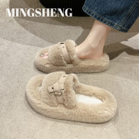 Mingsheng Mao Mao รองเท้าแตะผู้หญิงใส่นอกบ้าน,รองเท้าใส่ในบ้านหัวเข็มขัดอินเทอร์เน็ตคนดังพื้นหนาผ้าฝ้ายกำมะหยี่ลากสำหรับผู้หญิง