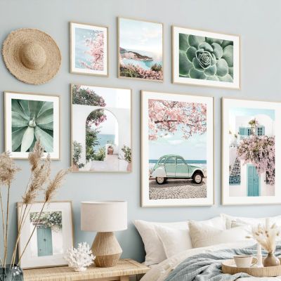 Cherry Blossom รถประตูพืช Aegean Sea Landscape Wall Art ภาพวาดผ้าใบโปสเตอร์และภาพพิมพ์สำหรับตกแต่งห้องนั่งเล่น