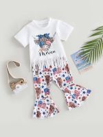 Adorable Summer Set for Toddler Girls Short Sleeve T-Shirt and Bell Bottom Flare Pants in Patriotic 4th of July Design  by Hs2023