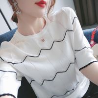 COD tjjs079 Ice Silk Blouse Summer Womens Short Sleeve T-shirt Womens Korean Loose Striped T-shirt