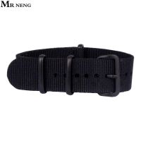 ✥ MR NENG 18mm 20mm 22mm 24mm Militray Sport สีดำ Nylon Canvas Wrist Watch Band Replacement Strap สีดำ Buckle