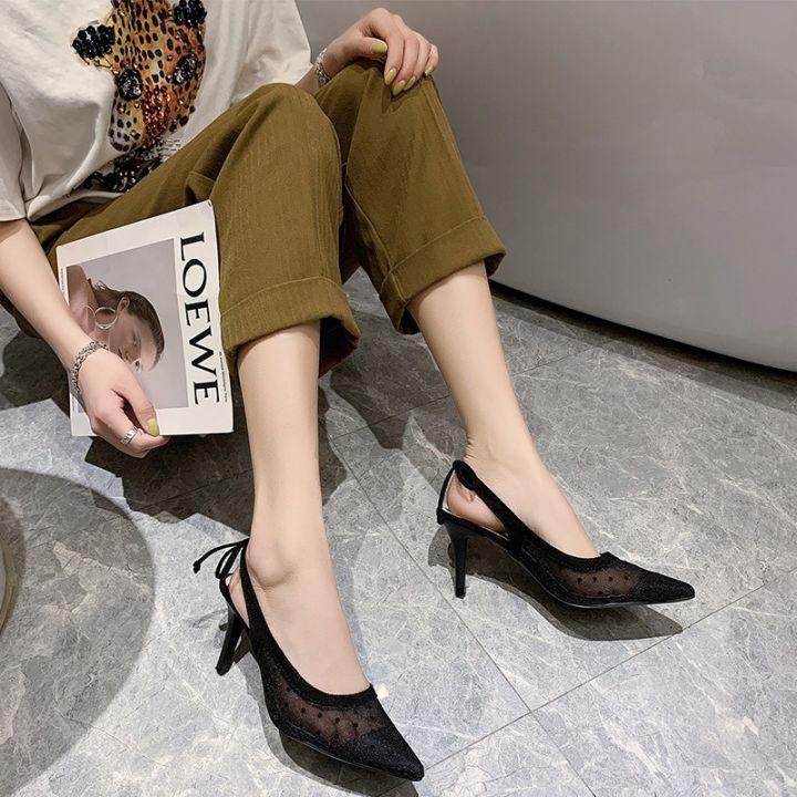 polka-dot-รองเท้าแตะตาข่ายสุภาพสตรีชี้โบว์แมวรองเท้าส้นสูงชุดปาร์ตี้ออกเดท-stiletto-หญิงฤดูใบไม้ผลิและฤดูร้อน