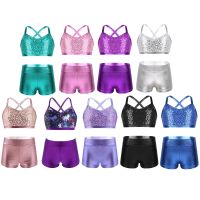 New Girls Ballet Dance Gymnastics Clothes Kids Sports Fitness Gym Workout Tankini Outfit Shiny Sequins Tank Bra Tops Shorts Set