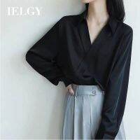 IELGY เสื้อชีฟองผู้หญิง,เสื้อคอวีสลิมหลวมสีดำ