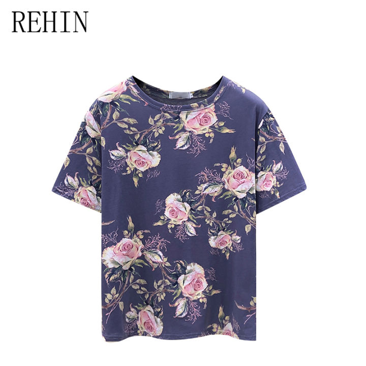 rehin-เสื้อยืดแขนสั้นผู้หญิง-เสื้อพิมพ์ลายดอกไม้ทรงหลวมและกระชับสัดส่วน-l-4xl-คอกลมฤดูร้อน