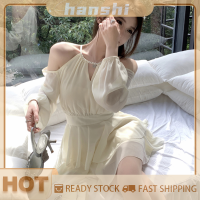 hanshi [2023 new HOT FASHION] lazlook เดรสสั้นสไตล์ฝรั่งเศสสำหรับผู้หญิงเดรสมีระบายเปิดไหล่คล้องคอ