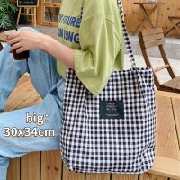 【Lanse store】Vintage Plaid Women Canvas Shopping Bags Female Thin Strap Cloth Handbags Student Girls Travel Casual Tote Large Shoulder Bag