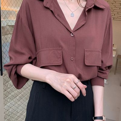 เสื้อเชิ้ตผู้หญิง แขนยาว กระเป๋าหน้า เสื้อคุม คอปก แฟชั่นเกาหลี [136]