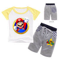 Mario 3-14Y สำหรับชายหญิงแขนสั้นเสื้อยืดกางเกงขาสั้นชุดเสื้อผ้าเด็กการ์ตูน Tshirt Fifth กางเกง2Pcs Casual ที่5306