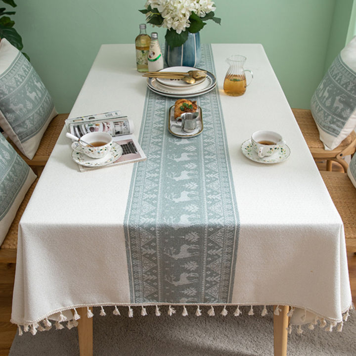 ผ้าปูโต๊ะฝ้ายและผ้าลินินทนทาน-โต๊ะสี่เหลี่ยมปักลายแข็งแรงผ้าปูโต๊ะลายตารางสำหรับตกแต่งโต๊ะห้องครัว-140x180ซม-สีขาวและสีฟ้า