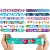 6Pcs Slap Bracelets Wristbands with Mermaid Silicone Slap Bracelets Little Mermaid Theme Birthday Party Gifts Keychains and Ring