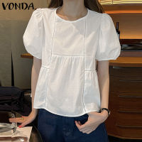 (จัดส่งฟรี)Fancystyle VONDA เสื้อผู้หญิงสีทึบอเนกประสงค์,แขนสั้นปักดิ้นพัฟลำลองเสื้อสตรีปักลาย