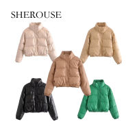 ร้อน, ร้อน★SHEROUSE Women Fashion PU Solid Front Zipper Jackets With Side Pockets Vintage High Neck Long Sleeves Female Chic Lady Outfits