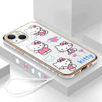 Volans เคสเคสสำหรับ Apple iPhone 15 Plus 15 Pro 15 Pro Max,เคสขอบสี่เหลี่ยมแมวลายการ์ตูนฟรีสายคล้องน่ารัก Kity ชุบเคสโทรศัพท์เคสโทรศัพท์นิ่มสุดหรู