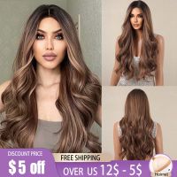 Long Ombre Brown Body Wave Synthetic Wigs Middle Part for Women Afro Daily Cosplay Natural Wavy Hairs Wig Heat Resistant Fiber [ Hot sell ] Decoration Center