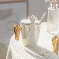 European Gold Wings Angel Mugs with Spoon Classic Retro Pearl Overglaze Coffee Cup Relief Craft Drinkware Couple Water Cups