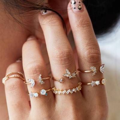 Bohemian Wedding Day Ring Womens Vintage Diamond Set Crystal Butterfly Flower Ring Womens Diamond Ring Set Bohemian Diamond Ring Set