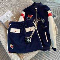 American Color Contrast Preppy Casual Sportswear Set Women S Fall Patchwork Baseball Uniform Drawstring Coat Short Skirt Two-Piece Set